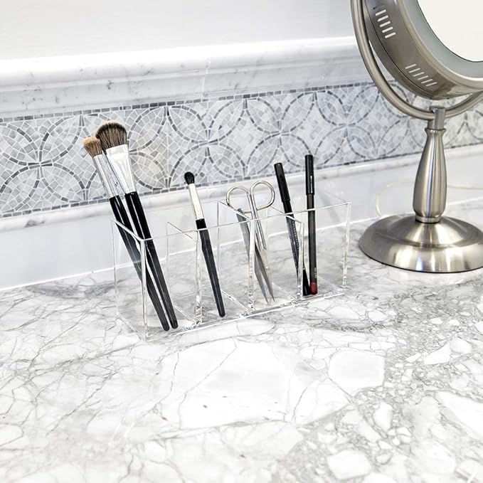 Isaac Jacobs 4-Compartment Clear Acrylic Organizer- Makeup Brush Holder- Storage Solution- Office, Bathroom, Kitchen Supplies and More (Clear)
