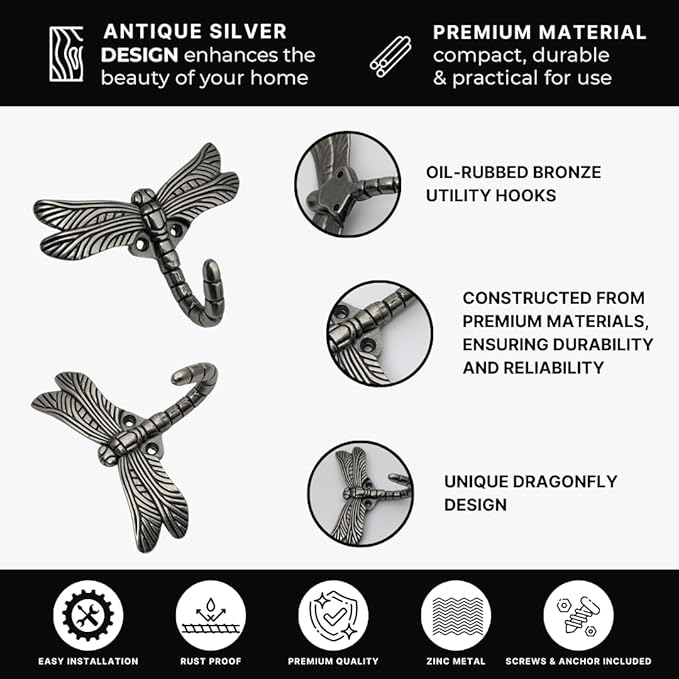 6 pcs Antique Silver Dragonfly Decorative Wall Hooks for Hanging Coats, Keys, Towels, Bags, and More