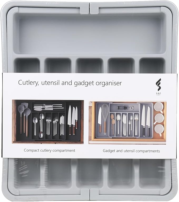 S&F Homes Expandable Cutlery drawer organizer, utensil drawer organizer, flatware and silverware holder, organization and storage tray for kitchen decor, BPA-Free. (Gray)