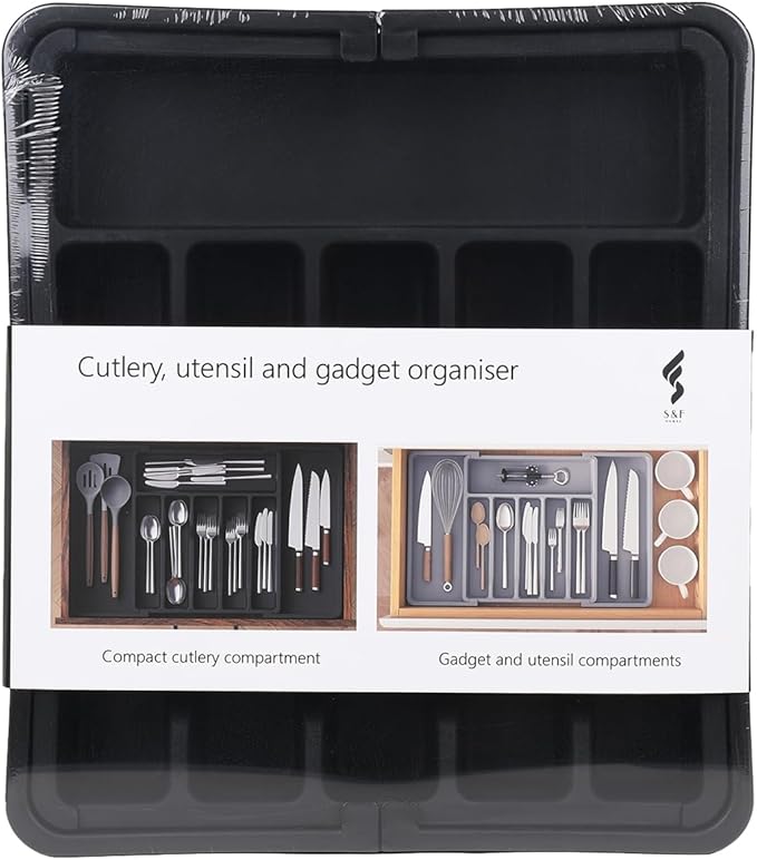S&F Homes Expandable Cutlery drawer organizer, utensil drawer organizer, flatware and silverware holder, organization and storage tray for kitchen decor, BPA-Free. (Black)