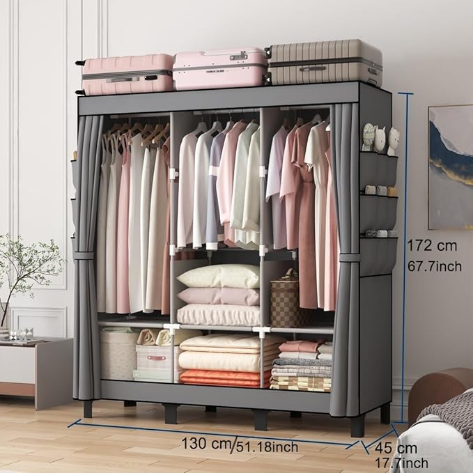 Portable Closet, 51.18" Large Capacity Clothing Storage Organizer with 3 Hanging Rods 6 Shelves 18 Side Pockets, Dustproof Sturdy Wardrobe for Bedroom Dorm Rental Apartment(Grey, Large)
