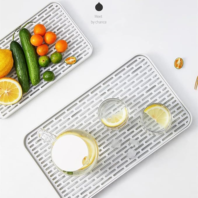 Small Drain Rack for Kitchen Sink, 2 Tier Cup & Dish Drying Rack for Office, Coffee Table, Multi-Use Tray for Serving, White & Grey Dish Drying Mat Big Enough