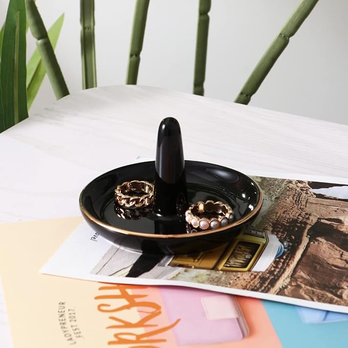 oskas Black Round Ring Tray Holder, Decorative Porcelain Ornament Jewelry Tray for Rings, Earrings, Necklaces, 4 Inch, Engagement Wedding Birthday Mother's Day Christmas Gift, Ceramic