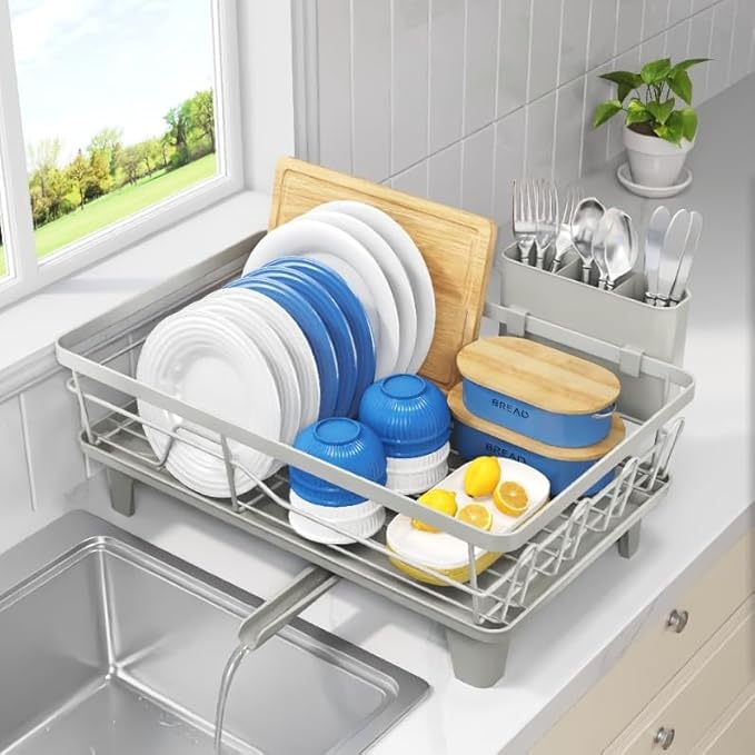 Dish Drying Rack for Kitchen Counter, Sink Dish Rack with Drainboard, Large Dish Drainer with Cups Holder, Home Countertop Plate Dryer Storage Rack with Cutlery Holder, Soft Celery Green