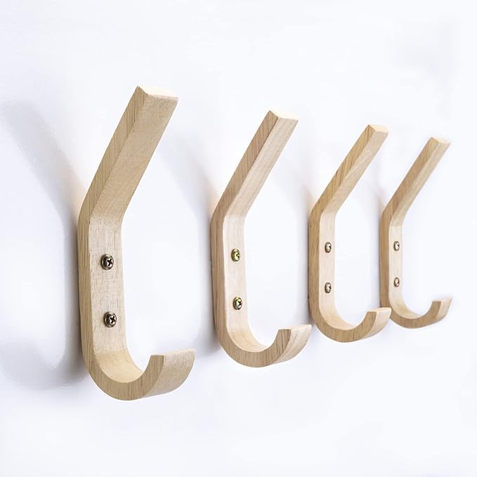 4 Pack Natural Wood Coat Hanger, Wall Hooks Mounted for Coats, Hats, Bags, Towels.