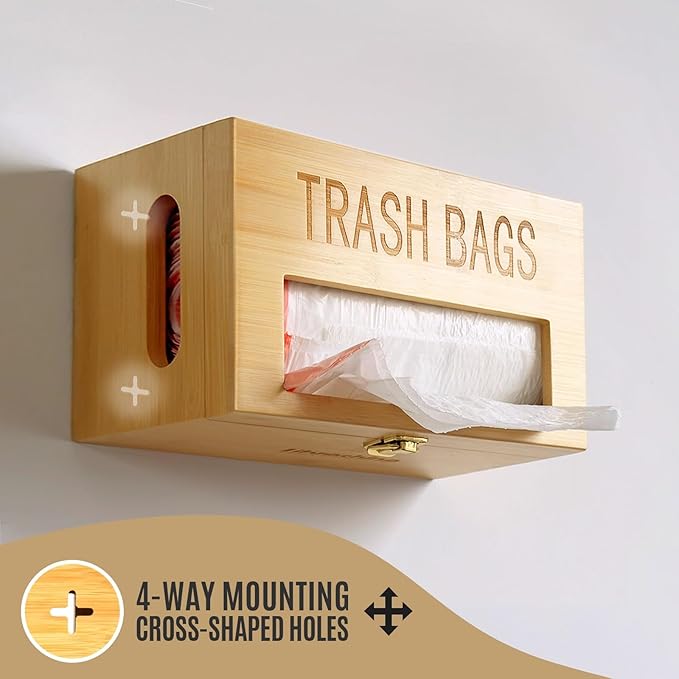 Extra Large Bamboo Trash Bag Dispenser Holder for Tall Kitchen Bags, Fits Costco Jumbo Rolls, 13–33 Gallon Garbage Bag Organizer for Pantry, Under Sink/Wall/Cabinet/Freestanding Mount