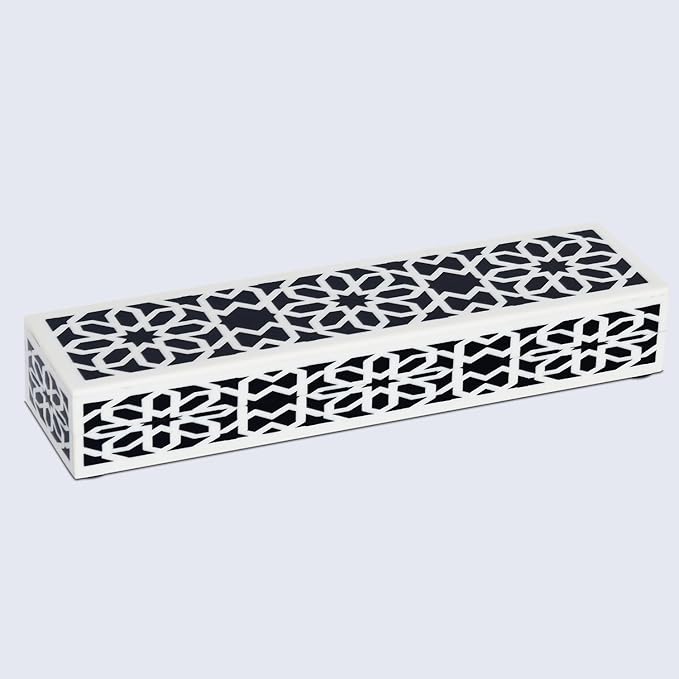 Handicrafts Home Decorative Storage Box with Lid– Black White Remote Control Holder, Slim Coffee Table Storage Box, Persian Rosette Lattice Organizer for Shelf & Desk– Geometric Shiraz 10 x 2.5 x 1.5