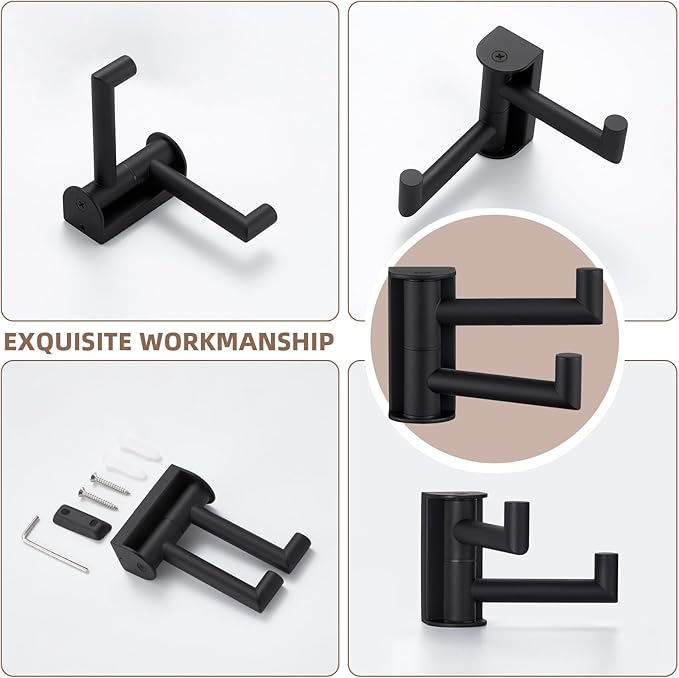 Suyar Double Towel Hook Matte Black, SUS 304 Stainless Steel Heavy Duty Wall Hook for Bathroom, Swivel Coat Holder, Towel Hanger with 2 Foldable Arms, 2 Pack
