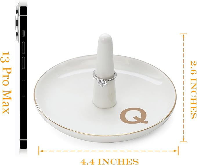 HOME SMILE Initials Ring Holder Jewery Tray with personalized Q-Monogrammed Engagement Gifts for Friends,Birthday Mother's Day Christmas Gifts for Women,Ceramic White