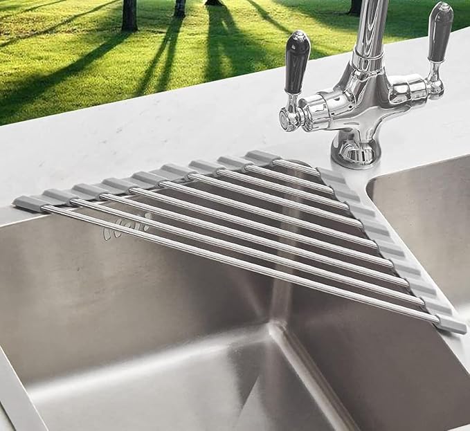 Over the Sink Dish Drying Rack Roll Up Dish Drying Rack and Triangle Dish Drying Rack for Sink Kitchen Corner Dish Drainer Mat Foldable Stainless Steel Corner Sink Rack for Kitchen (Triangle)
