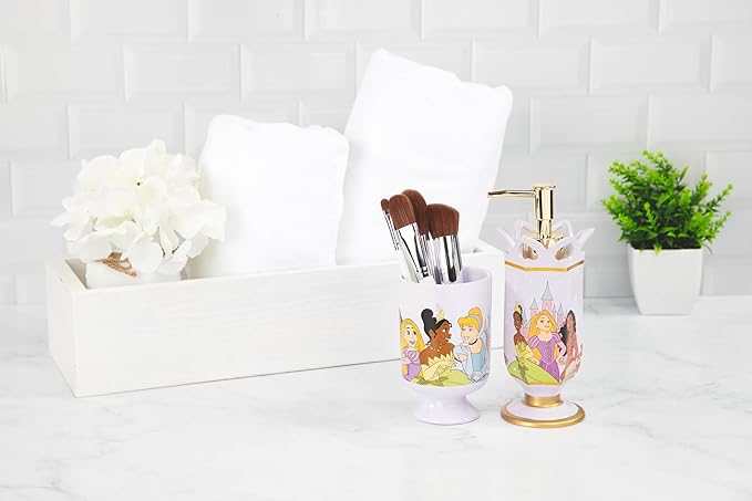 Jay Franco Disney Princess Soap Dispenser - Light Purple Kids Bathroom Accessory - Resin Lotion Pump Features Cinderella, Moana, Rapunzel & Tiana