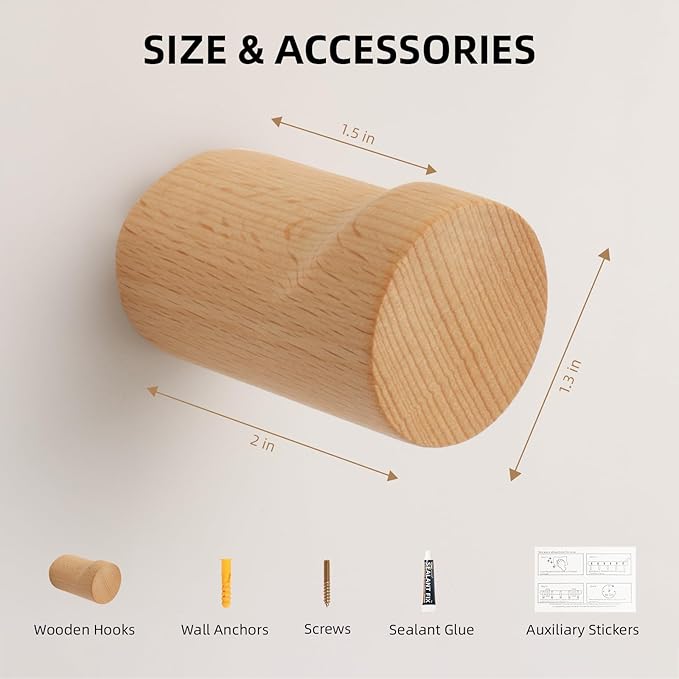 4 Pack Wood Hooks Wooden Coat Hat Hooks Natural Modern Home Decorative No Damage Adhesive for Bathroom Entryway Wall Towels Wallets Clothes Space Saving Gift (Beech)