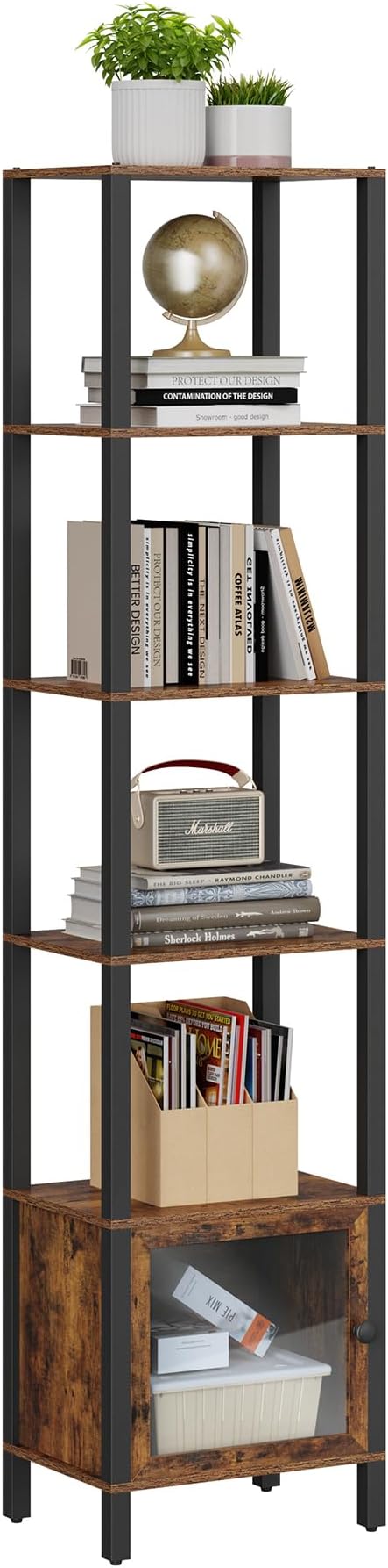TUTOTAK 6 Tier Bookcase and Bookshelf, Narrow Book Shelf with Door for Small Space, for Living Room, Office, Study, Entryway, Brown BS03BB006