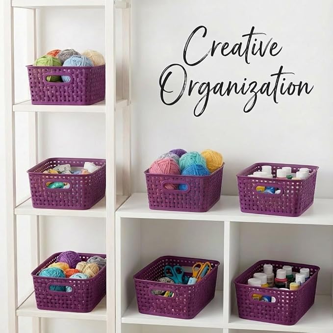Dark Purple Organizing Baskets, Stackable Pantry Organizers and Basket Set of 12, Plastic Storage Baskets for Shelves, Classrooms, Kitchens, Laundry Room, Bathrooms and Bedrooms