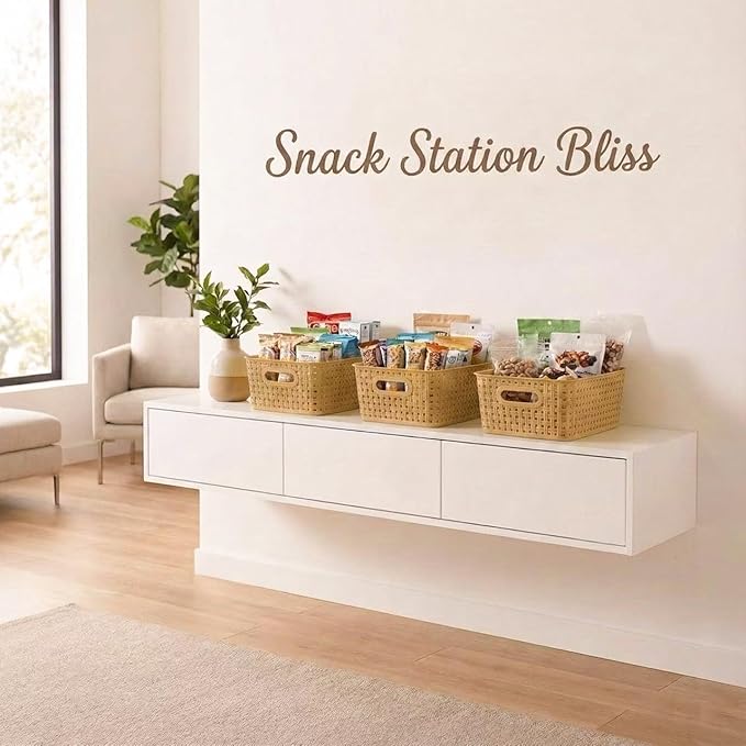 Khaki Stackable Storage Baskets, Plastic Weave Basket Organizer and Storage Set of 12, Pantry Organizing Baskets for Shelves, Kitchens, Bathrooms, Classrooms, Cabinets and Bedrooms