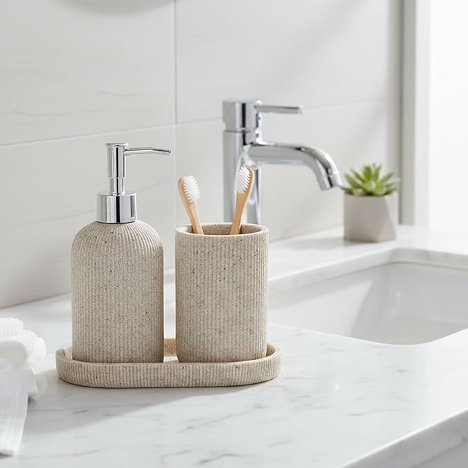 3 Pcs Toothbrush Holder, Soap Dispenser and Toothbrush Holder, Stripes Decorative Tray Set, Vanity Tray for Bathroom, Frosted Farmhouse Decor