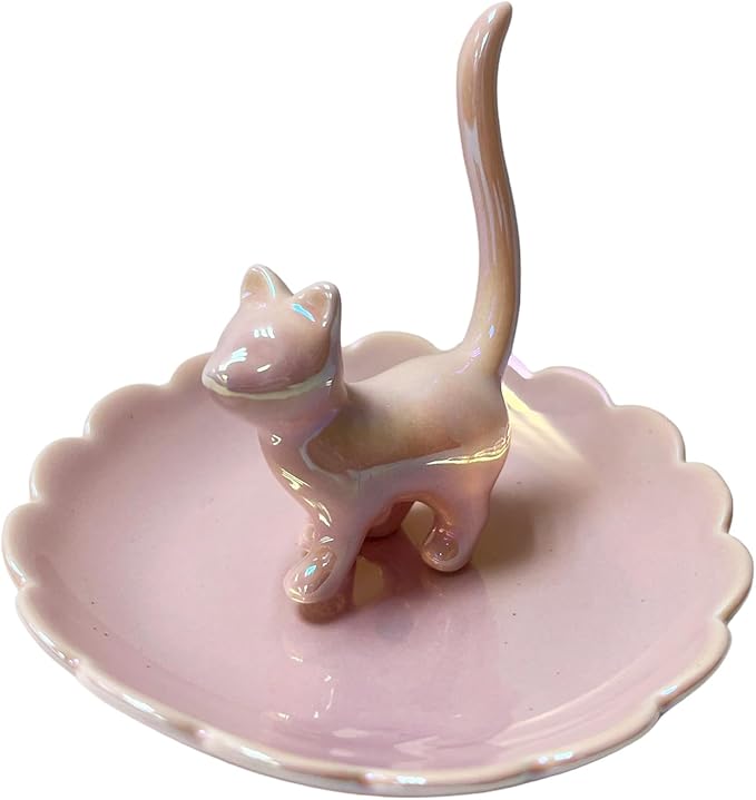 ROSA&ROSE Cat Ring Holder Trinket Tray Ceramic Jewelry Dish Decorative Ring Holder/Trinket Tray Engagement Wedding Birthday Gifts for Women Her(Pink)