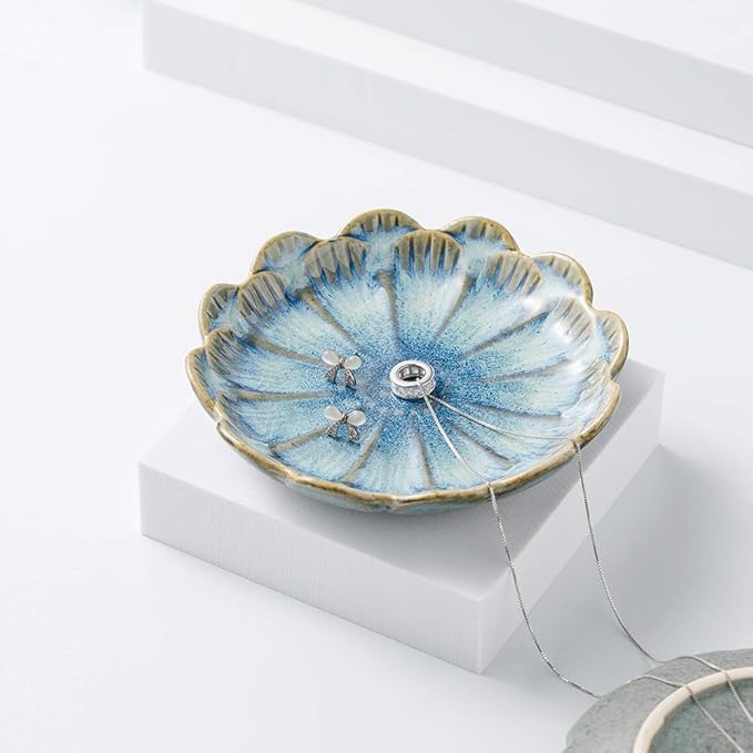 ring holder, flower shape decorative earring stand, jewelry tray, key bowl, trinket dish for women and friends, flower blue