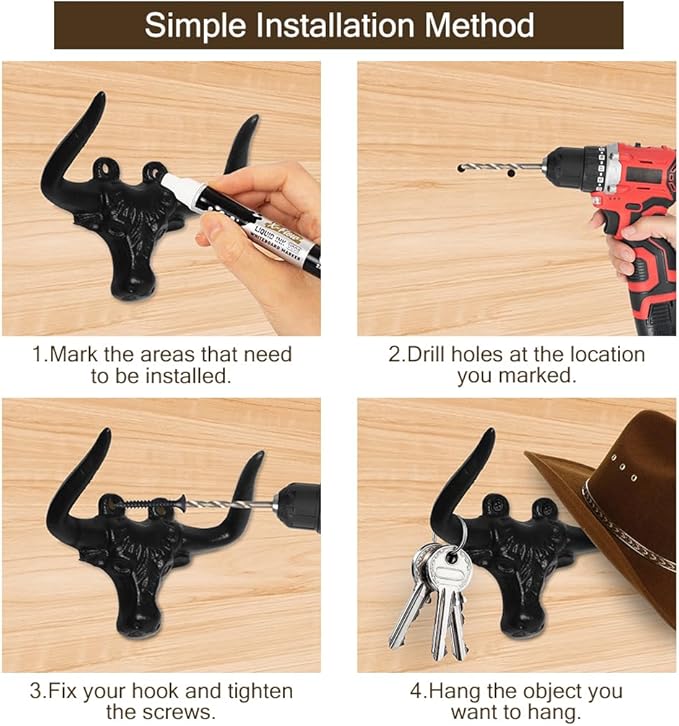 Cast Iron Wall Mount Hook – Black Bull Design, 1 Pack – Vintage Rustic Coat Hook for Entryway, Bathroom, Kitchen, or Bedroom