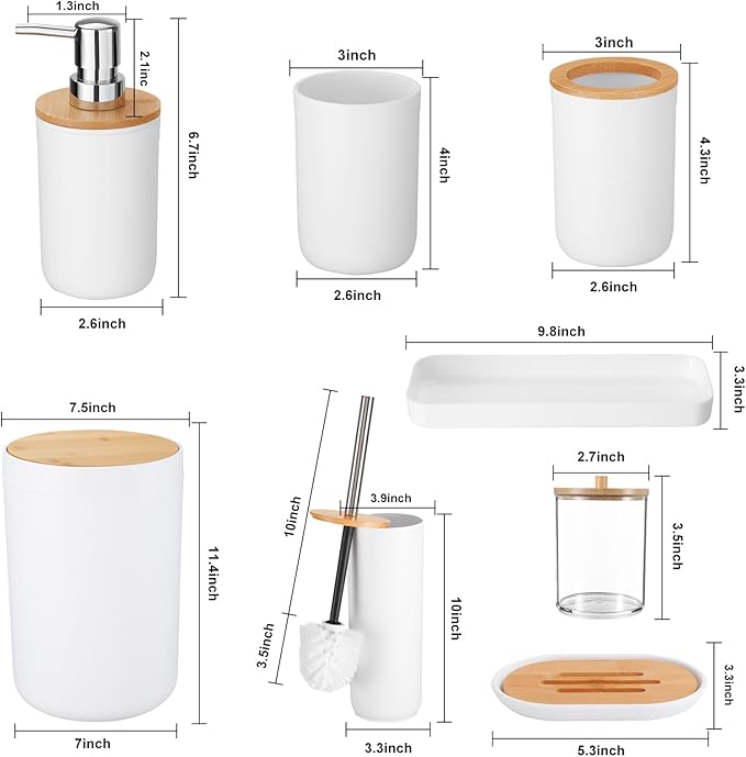 iMucci Bathroom Accessories Set with Trash Can,Toilet Brush,Toothbrush Holder, Lotion Soap Dispenser, Soap Dish,Toothbrush Cup,Qtip Holder(8Pcs White Wood Cover)