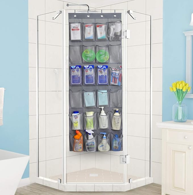 MISSLO Over The Door Shoe Organizer Hanging Closet Holder Hanger Storage Bag Rack with 24 Large Mesh Pockets, Gray