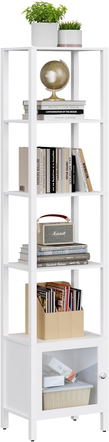TUTOTAK 6 Tier Bookcase and Bookshelf, Narrow Book Shelf with Door for Small Space, for Living Room, Office, Study, Entryway, White BS03BW006