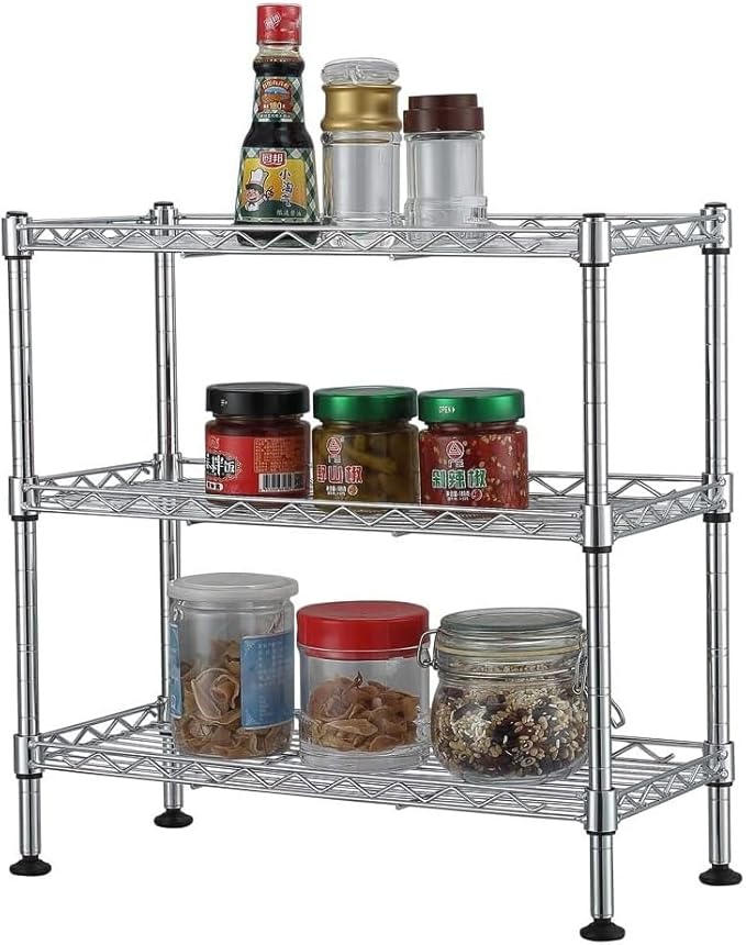 FOXHOLE 3-Tier Steel Metal Storage Rack Wire Shelving for Bathrooms, Closets, Kitchen, Pantry, Adjustable Shelves, Silver Finish, 17.72" L x 7.87" W x 17.72" H
