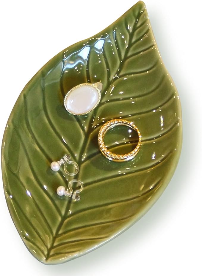 Jewelry Dish Trinket Tray for Women, Ring Dish Holder, Unique Leaf Shape Ceramic Plate Cute Things Vanity Aesthetic Room Decor Mother's Day Birthday Christmas Warm House Gifts (Green)