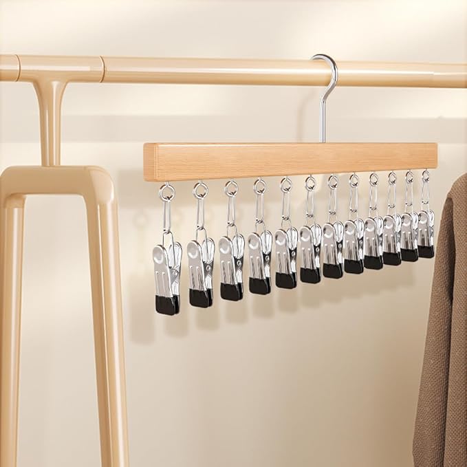 Closet Organizer with 10 Clips, Space Saving Hanging Closet Organizer, Space-Saving Hat Scarf Clothespins for Jeans Skirts Socks Pant Hangers with Clips (Black-10 Clips, 1PC)