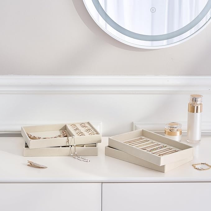 ProCase Stackable Jewelry Organizer Trays for Drawers, Jewelry Drawer Inserts Container Display Case Storage for Earring Necklace Rings Bracelet with Removable Dividers -Cream Beige, 4 Layers