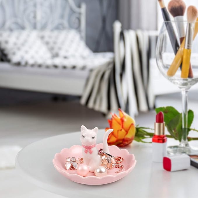 ROSA&ROSE Cat Ring Holder Trinket Tray Ceramic Jewelry Dish Decorative Ring Holder/Trinket Tray Engagement Wedding Birthday Gifts for Women Her (White/Pink)