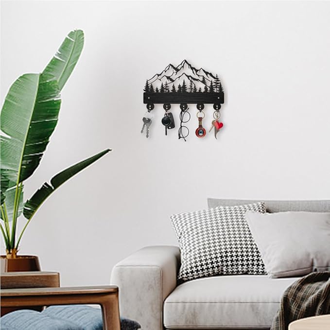 MAYJOYDIY Mountain Forest Wood Coat Rack Wall Mount, 5 Alloy Hooks Key Holder for Wall, Home Decor Gift, Nature Landscape Key Rack, Entryway Kitchen Hallway, 11.8x7.4inch