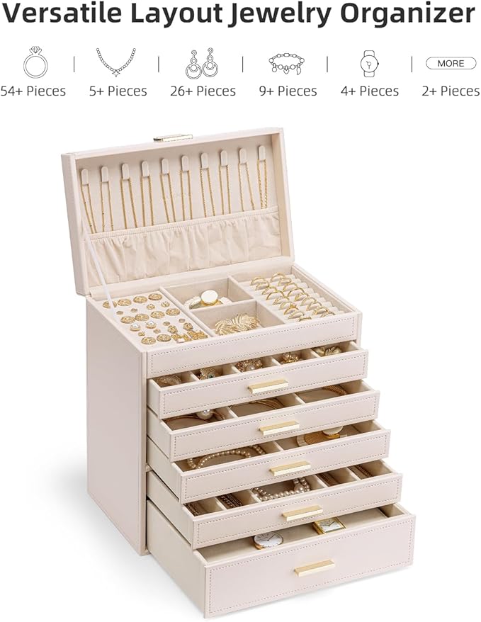 Vlando 6 Layer Large Jewelry Box - Jewelry Holder Organizer, Jewelry Box Organizer for Drawer Necklace Ring Bracelet and Watch, Birthday Gift for Loved Ones - Pink