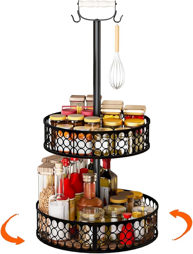 Heavy-Duty 2 Tier Lazy Susan Organizer, Upgraded DIY 3-in-1 Design Detachable Metal Rotating Spice Rack, Spice Organization for Kitchen Cabinet Countertop