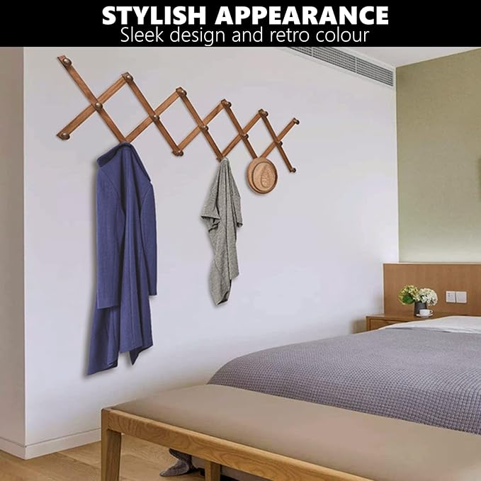 Amber Home Wood Accordion Wall Rack 17 Hooks (Pegs), Expandable Wall Mounted Hanger for Coat, Hat, Scarf, Coffee Mugs, X Shape Coat Hooks (Antique Retro Color)