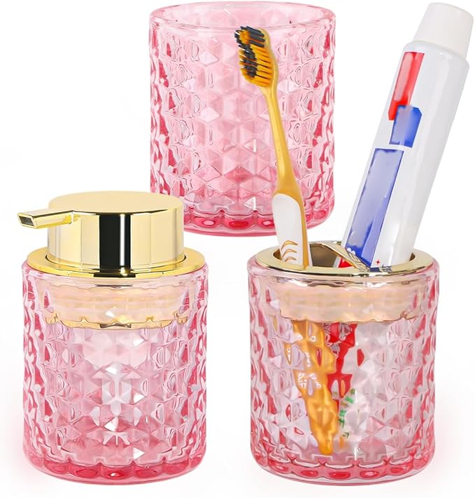 Bathroom Accessories Set, 3pcs Pink Glass Bathroom Accessory Set,Toothbrush Holder, Foaming Soap Dispenser and Tumbler, Gold Bathroom Decor Sets for Organizer, Home Apartment Gift