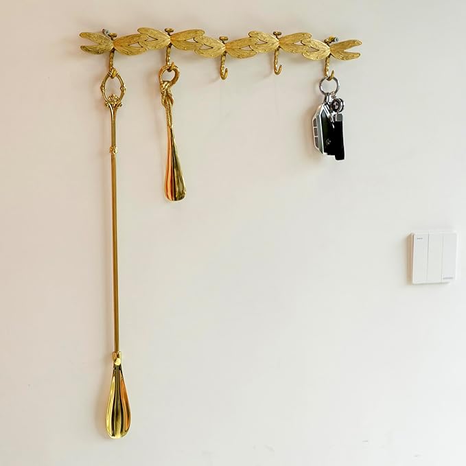 Gold Coat Rack Wall Mounted - 5 Tri Hooks, Heavy Duty, Brass Coat Hook Rail for Coat Hat Towel Purse Robes Mudroom Bathroom Entryway