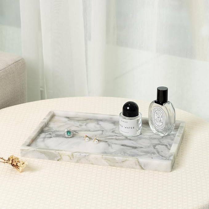 Koville Natural Marble Tray, 12x8â Coffee Table Vanity/Decorative Tray for Jewerly, Watch, Perfume Candle Storage for Bedroom/Bathroom/Kitchen Countertop