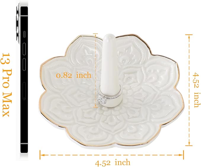 HOME SMILE Ceramic White Mandala Ring Holder,Decorative Jewelry Dish Tray, Engagement Wedding Birthday Valentines's Day Gifts for Women