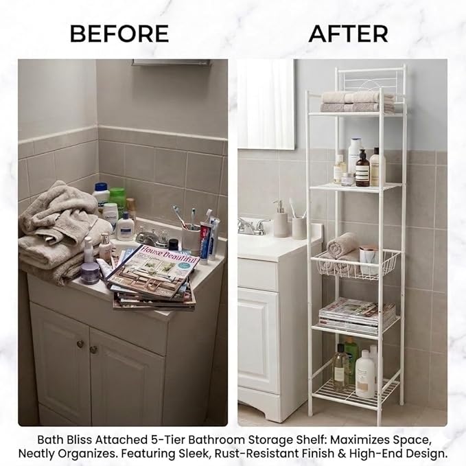 Bath Bliss 5 Tier Freestanding Bathroom Storage Shelf, White Metal Organizer Rack | Rust Resistant Space Saving Bathroom Stand | Toilet Paper Towel Holder | Bathroom Organizer for Small Spaces