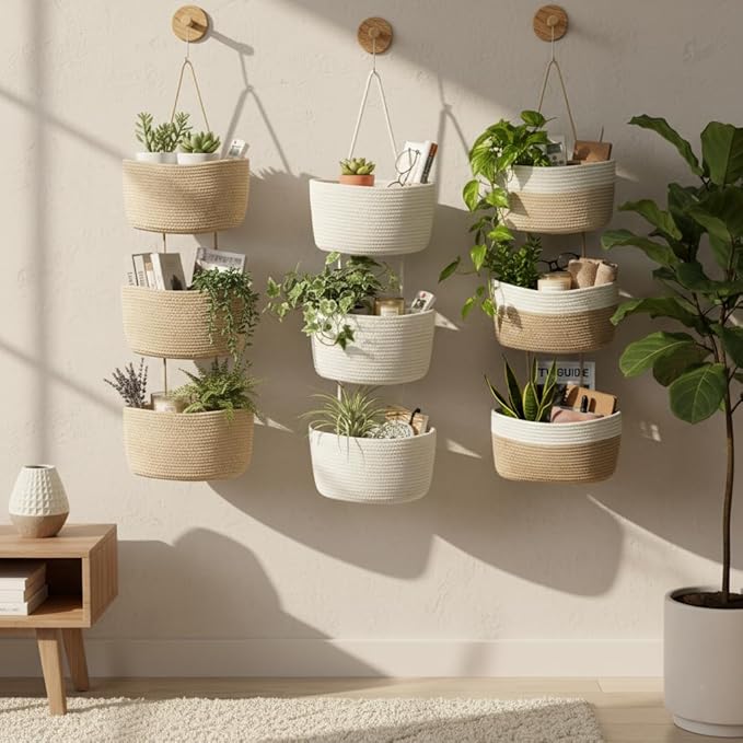 Hanging Wall Basket, Over the Door Hanging Basket with Hooks, Decorative Hanging Basket for Wall, Door, Nursery, Living Room, Bathroom, Cat-Like Design for Boho Decor, White & Jute