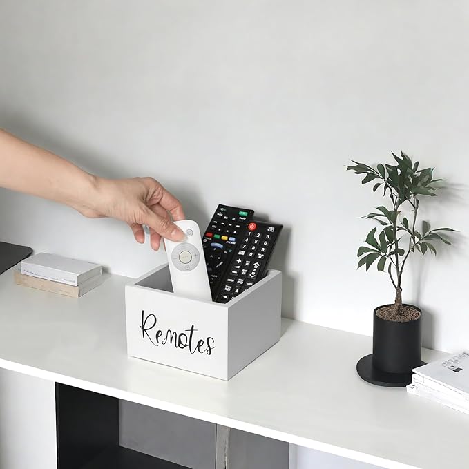 Wood Remote Control Holder, TV Remote Control Organizer for Home Bedroom Table, Multi-Purpose Desktop Storage (White, M,for 3+ Remote Controls)