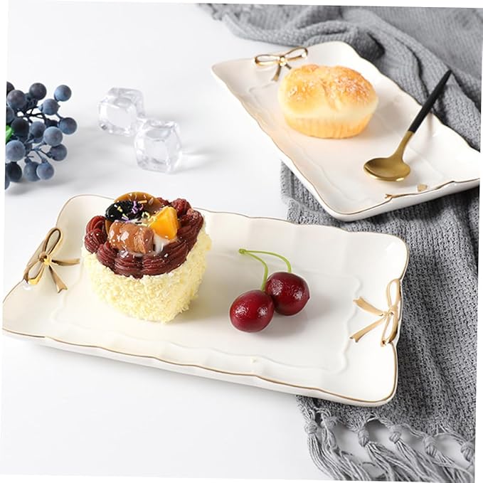 Ceramic Jewelry Tray with Bow Accent 7.87X4.72 Inch Rectangular Jewelry Dish Organizer for Home Countertop Storage and Cosmetics Accessories