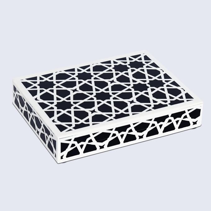 Handicrafts Home Decorative Storage Box with Lid – Black and White Moroccan Zellij Decorative Remote Control Box, Slim Coffee Table Storage Box for Shelf, Desk & Living Room Decor – Zellij 8 x 6 x 1.5