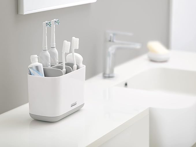 Joseph Joseph Easy-Store - Toothbrush and Toothpaste Holder Caddy, Bathroom Storage Countertop Organizer, Large, Grey/White