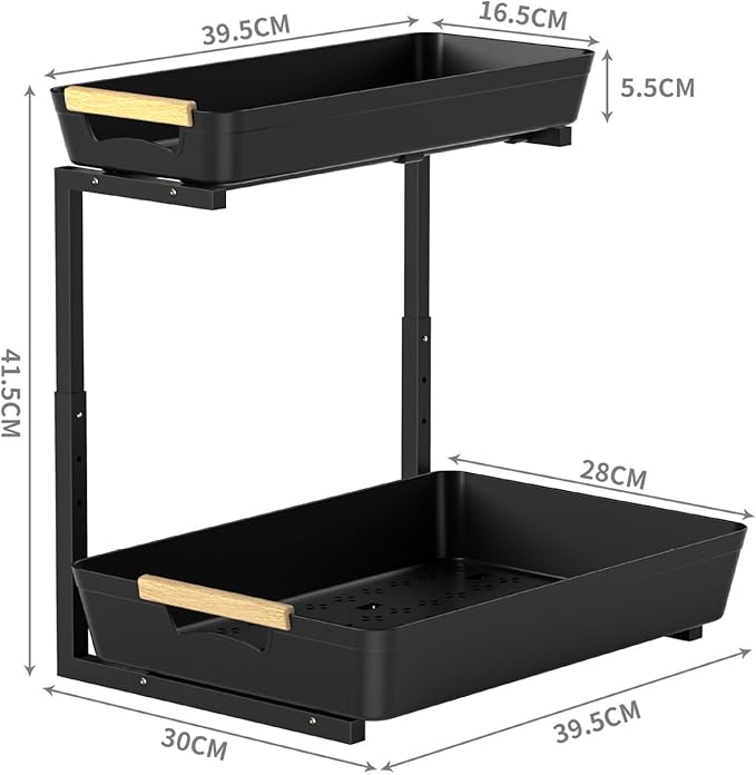 Under Sink Organizers and Storage, 2 Tier Pull Out Bathroom Cabinet Organizer with Sliding Drawer, Height Adjustable Under Sink Storage for Kitchen Bathroom Cabinet Black