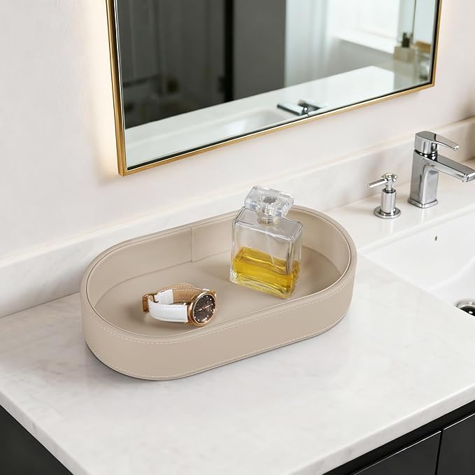 Oval Desk Valet Tray, PU Leather Perfume Dish Bowl for Keys Wallet Watch, Decorative Trinket Vanity Jewelry Tray, Entryway Nightstand Organizer Women Men (Beige)
