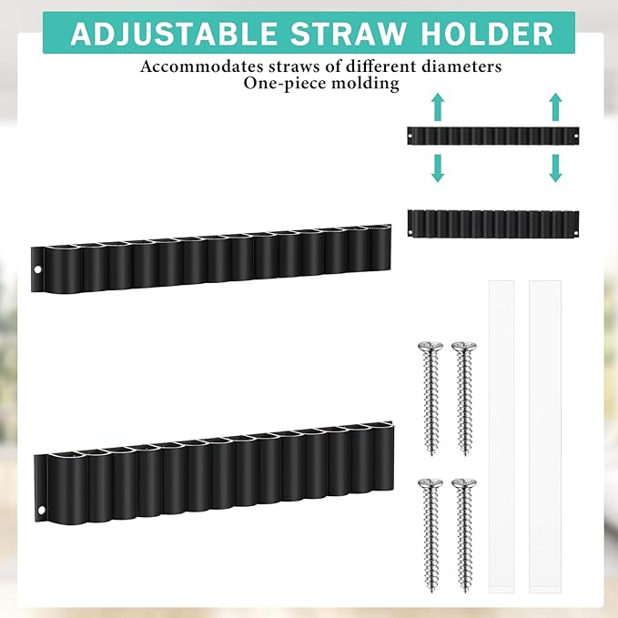 Baderke Straw Holder for Cabinet Reusable Straw Organizer with Double Sided Adhesive Tape Screws Storage Container for Kitchen Counter Cupboard(Black,Classic)