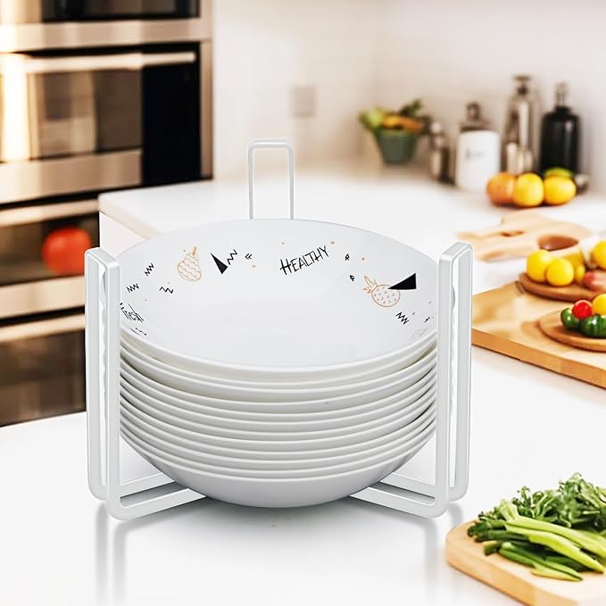 Dinnerware Bowl Plate Holder Fit for 6.5 Inches Diameters Bowl, Metal Bowl Storage Dying Display Rack for Kitchen Drawer, Countertop, Cabinet, Shelf, Cupboard (White, Large 4PCS)