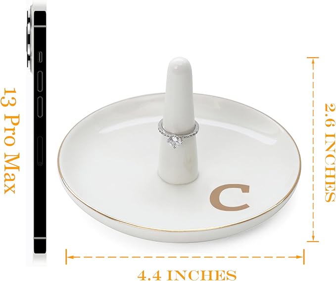HOME SMILE Initials Ring Holder Jewery Tray with personalized C-Monogrammed Engagement Gifts for Friends,Birthday Mother's Day Christmas Gifts for Women,Ceramic White